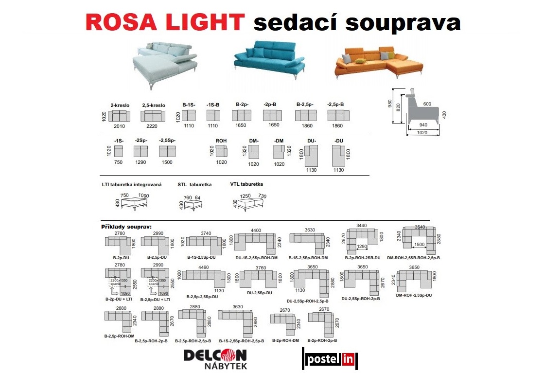 rohová sedací souprava ROSA LIGHT ve tvaru 